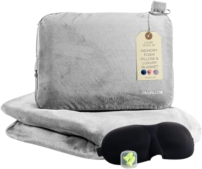 Level Up: Travellow Travel Pillow and Blanket Set - 4-in-1 Ultimate Travel Kit with Memory Foam Pillow, Travel Blanket, Sleep Mask, and Earplugs-Ultimate Comfort and Coziness for Your Journeys - Grey