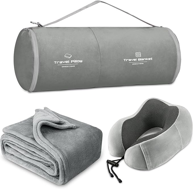 Best deal: urnexttour Neck Pillow and Blanket Set Travel Pillows Travel Essentials for Airplane Sleeping Car Memory Foam Grey